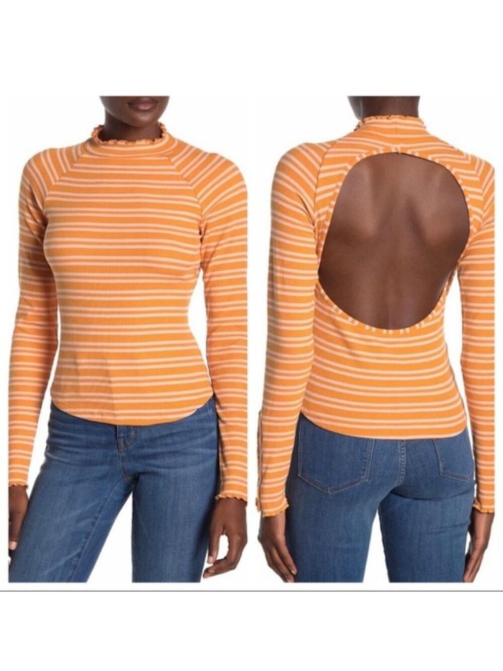 Free People Sunday Afternoon Large Striped Open Back Long Sleeve Lettuce Hem Shi